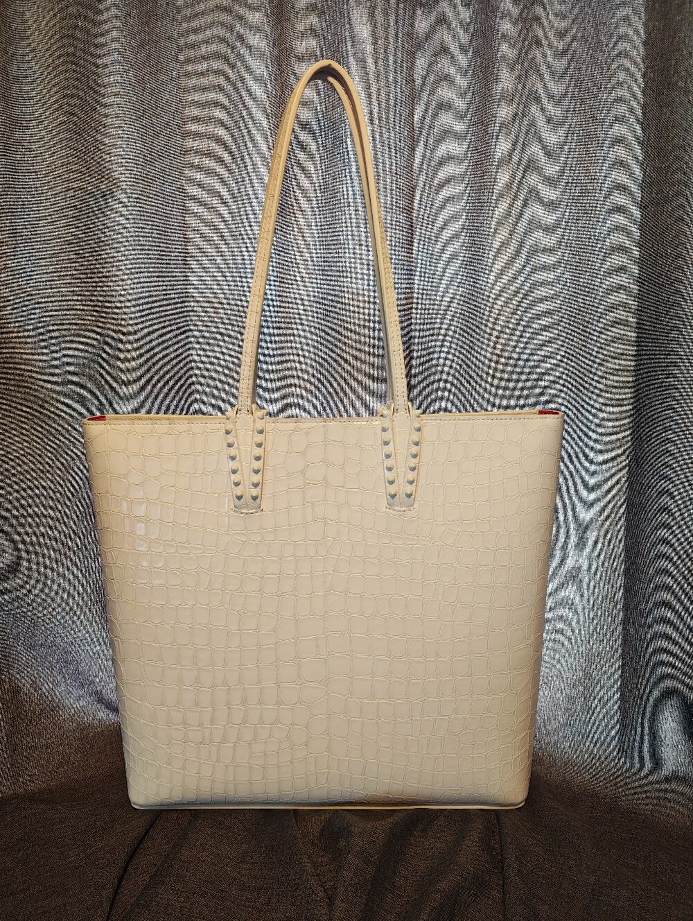Christian Louboutin White Crocodile Embossed Leather Cabata Spikes Tote Bag